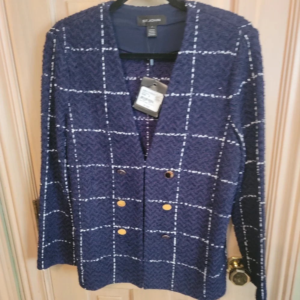 NWT St. John Sz 8 Herringbone Grid knit Double Breasted Jacket Navy/White Luxury - Picture 8 of 9